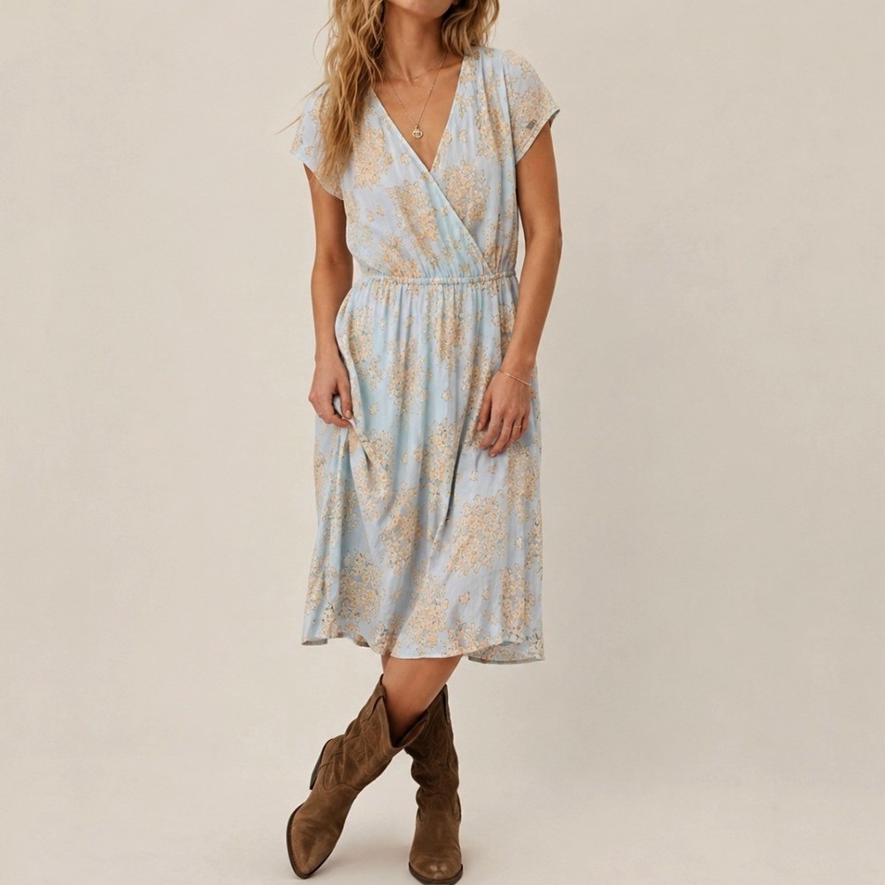 Polagram Midi Dress Floral Lace Wrap Large Blue Pastel Cottagecore Romantic Boho